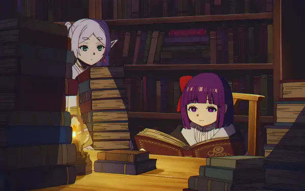 4K Ultra HD PC desktop wallpaper: Fern (Frieren: Beyond Journey's End) — anime girl studying by lantern light amid stacked books in a cozy fantasy library.