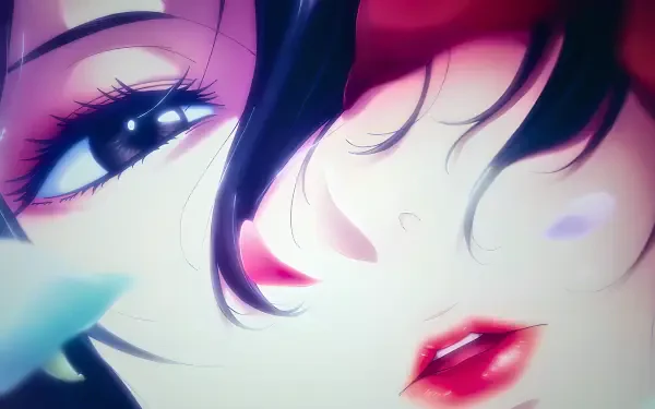 Close-up 4K Ultra HD PC desktop wallpaper of a Hell's Paradise anime girl: dark hair framing her face, glossy red lips, and a soft flower petal brushing her cheek.