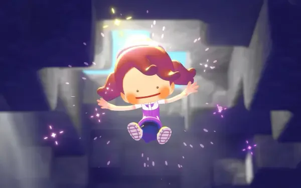 HD PC desktop wallpaper background featuring a Pokopia Pokemon character joyfully leaping through glowing cube chambers, surrounded by purple sparkles.