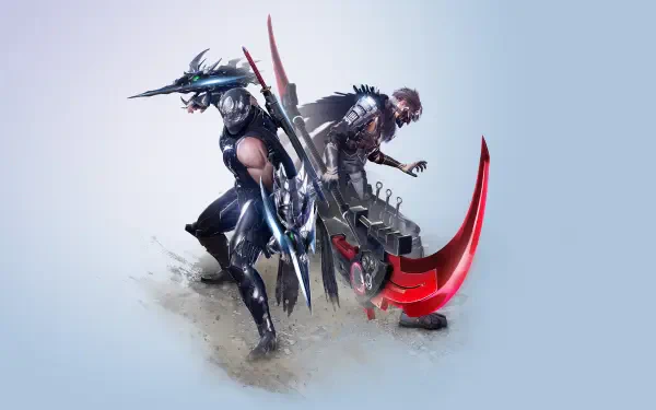 Ninja Gaiden 4 2K Quad HD PC desktop wallpaper: two armored ninjas back-to-back, one wielding a glowing red crescent blade against a pale, minimalist background.