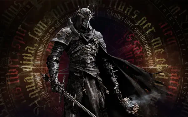 4K Ultra HD PC desktop wallpaper from the video game Lords of the Fallen II: a Souls-like warrior in dark ornate armor wielding sword and mace before a runic, blood-red circular backdrop.