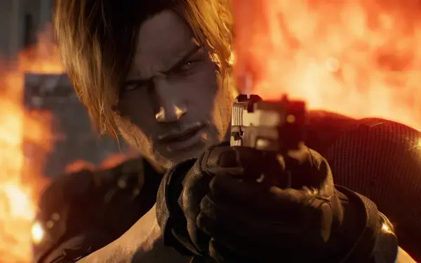4K Ultra HD PC wallpaper: Leon S. Kennedy from Resident Evil Requiem aims a pistol toward the viewer against a fiery backdrop.