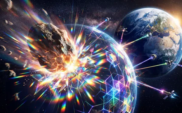 5K Ultra HD PC desktop wallpaper/background: planetary defense scene — hexagonal energy shield and rainbow beams shatter an incoming asteroid as Earth looms in the background.