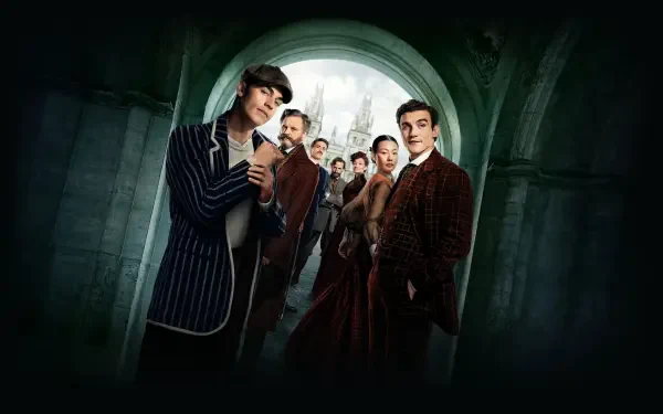 Young Sherlock cast in Victorian coats standing beneath a stone arch with a foggy city skyline and moody green lighting — 4K Ultra HD PC desktop wallpaper/background.