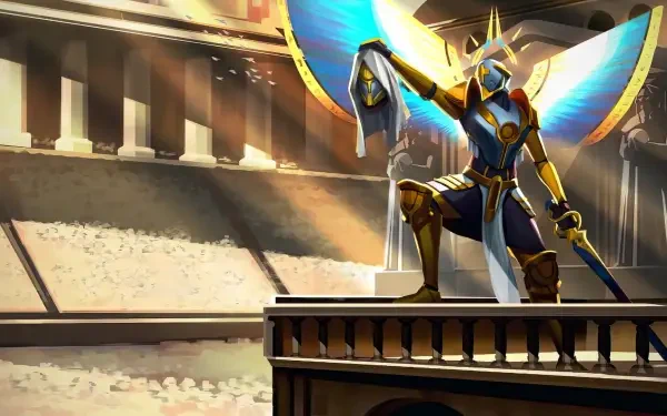 HD PC wallpaper of an ULTRAKILL paladin: golden-armored, winged warrior kneels on a pedestal in a sunlit coliseum, gripping a spear, radiant blue-and-gold wings unfurled.
