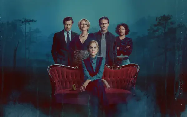 Scarpetta TV show 2K Quad HD PC desktop wallpaper/background: moody group portrait with one woman seated on a red settee, four standing behind her, teal foggy swamp backdrop.