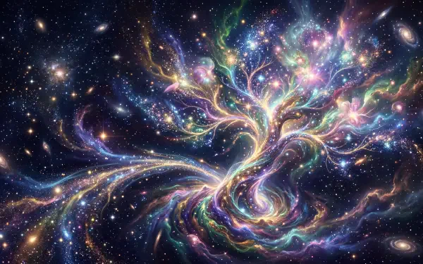 Vibrant cosmic tree of light spiraling through a multicolored galaxy and space nebula — 5K Ultra HD PC desktop wallpaper/background.