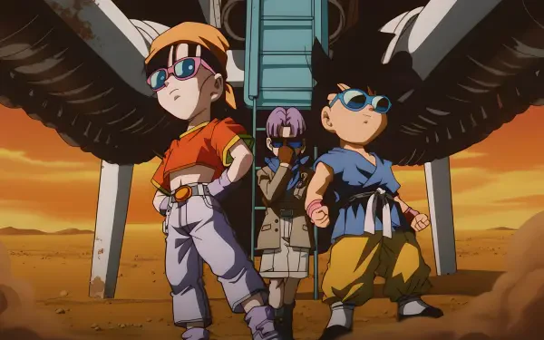 Dragon Ball GT 4K Ultra HD PC desktop wallpaper and background: Pan, Kid Goku and Trunks stand under an aircraft wing at sunset, anime trio posed heroically.
