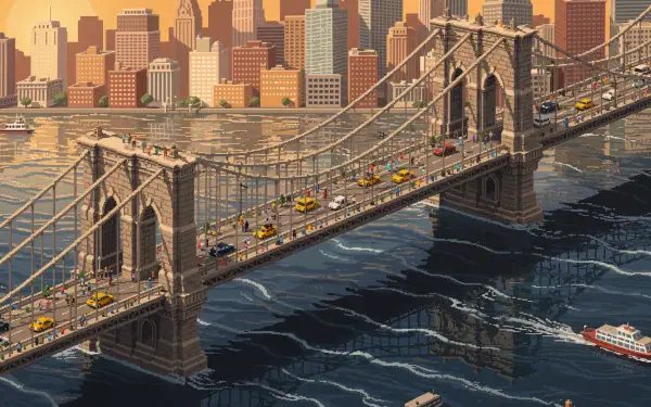 Brooklyn Bridge spanning the choppy East River toward a stylized Manhattan skyline at sunset — 4K Ultra HD PC desktop wallpaper and background.