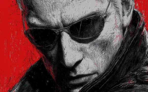 Grainy sketch-style portrait of Resident Evil villain Albert Wesker in sunglasses, high-contrast red and black, 2K Quad HD PC desktop wallpaper and background.