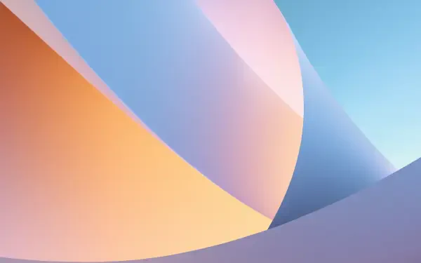 Windows 11 abstract digital artwork: soft overlapping curved shapes in pastel blues, pinks and oranges — simple 2K Quad HD PC desktop wallpaper/background.