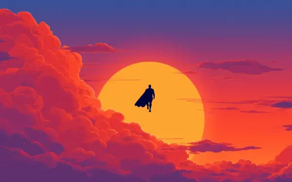 Omni-Man silhouette flies toward a blazing sunrise over magenta clouds — Invincible TV show 2K Quad HD PC desktop wallpaper/background.