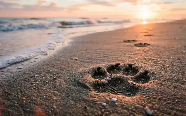 Close-up paw print pressed in wet sand on a sunlit beach at sunset — 5K Ultra HD PC desktop wallpaper and background.