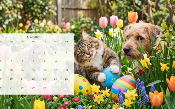 April 2026 calendar 5K Ultra HD PC desktop wallpaper and background: cat and dog amid tulips, daffodils and colorful Easter eggs in a sunny garden.