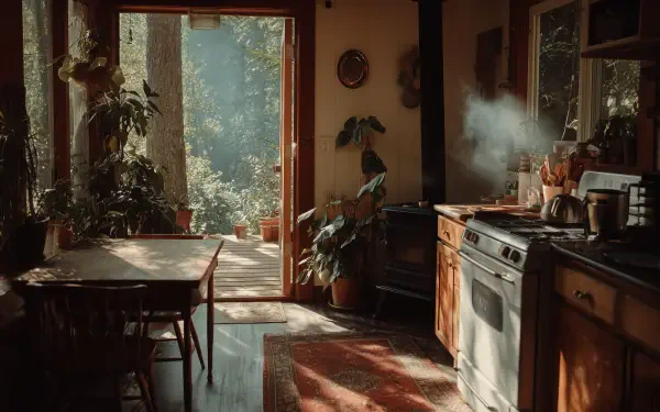 Aesthetic cottagecore kitchen interior with warm wood cabinets, potted plants, sunlit open doors, rustic table and stove, soft morning light — 2K Quad HD PC desktop wallpaper/background.