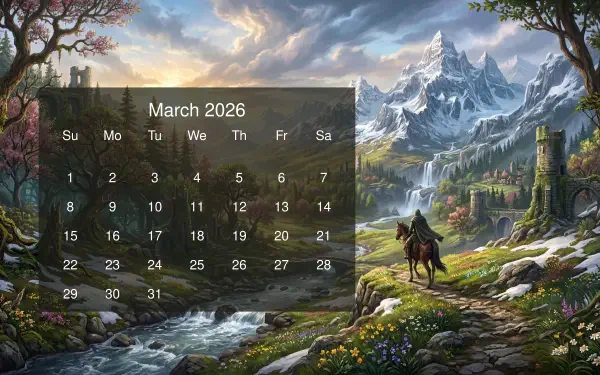March 2026 calendar over a 5K Ultra HD PC desktop wallpaper and background: fantasy mountain valley with river, wildflowers, and a lone rider on horseback beneath snowy peaks.