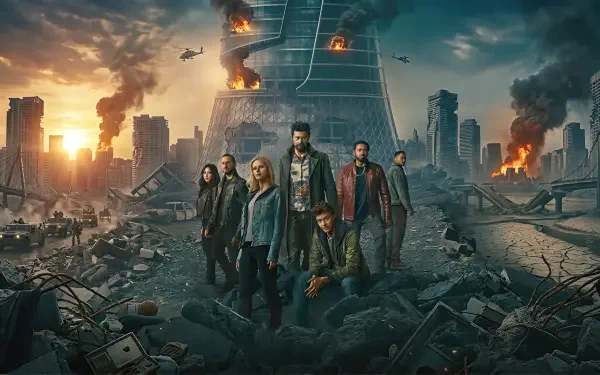 TV Show The Boys (2019) 4K Ultra HD PC desktop wallpaper and background: a ragged team stands amid city rubble, burning skyscrapers and helicopters under a dramatic sunset.