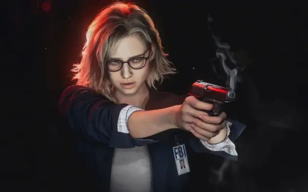 2K Quad HD PC wallpaper of Grace Ashcroft from Resident Evil Requiem: an FBI agent with glasses and short blond hair aiming a smoking handgun against a dark background.