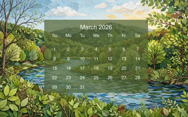 March 2026 calendar over a painted riverside landscape with trees and sky — 5K Ultra HD PC desktop wallpaper and background.
