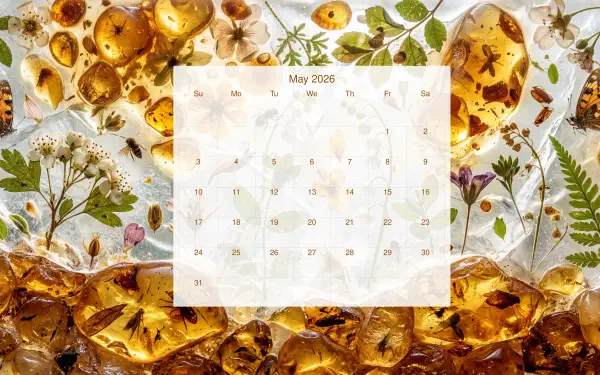 May 2026 calendar on a 5K Ultra HD PC desktop wallpaper and background: translucent amber resin with embedded dried flowers, ferns and a soft pale backdrop.