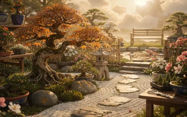 Sunlit bonsai garden with stone lanterns, winding pebble path and flowering pots — 4K Ultra HD PC desktop wallpaper and background.