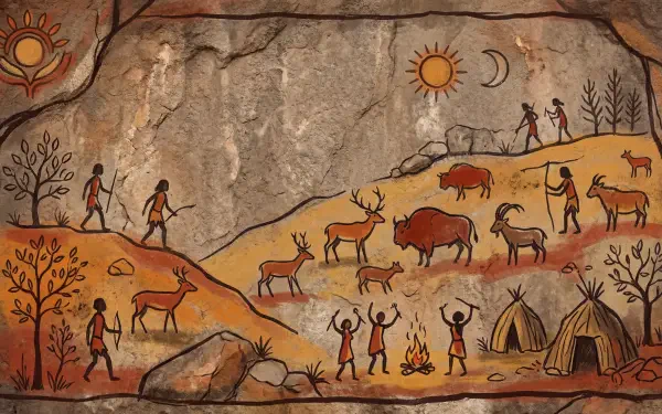 5K Ultra HD PC desktop wallpaper/background: textured rock cave‑painting scene of hunters, herds of deer and bison, campfires, huts, and sun with a crescent moon.