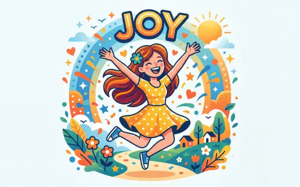 Joy — 5K Ultra HD PC desktop wallpaper of a smiling girl in a yellow dress jumping beneath a rainbow and sun, surrounded by flowers, hearts and confetti.