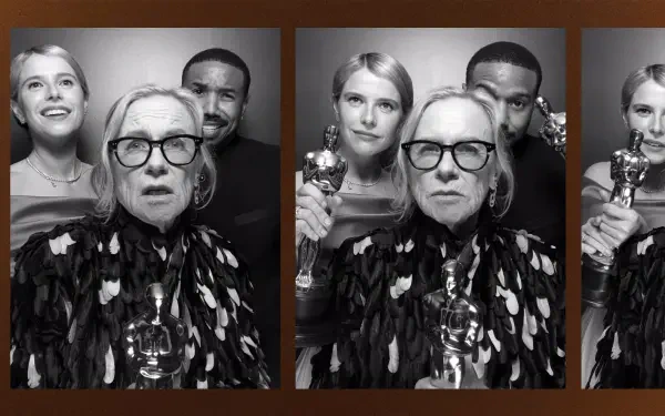 Black-and-white HD desktop wallpaper: three people in an Oscars photo booth holding Academy Awards statuettes in playful close-up triptych.