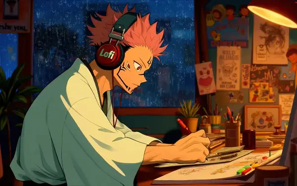 4K Ultra HD anime lofi PC desktop background: Sukuna (Jujutsu Kaisen) wearing Lofi headphones, sketching at a rain-lit desk under a warm lamp.