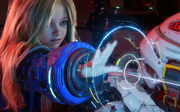 Pragmata video game 4K Ultra HD PC desktop wallpaper: young woman reaching toward a glowing holographic interface as a robot with a futuristic gun stands beside her.