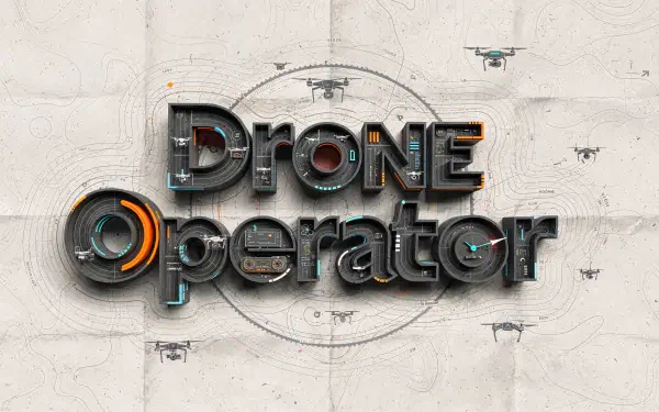 Bold metallic Drone Operator lettering over a circular target schematic with multiple hovering quadcopters — 4K Ultra HD PC desktop wallpaper and background.