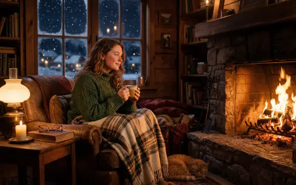 Cozy winter 5K Ultra HD PC desktop wallpaper: person wrapped in a blanket sipping a hot drink by a crackling fireplace, snowy night outside.