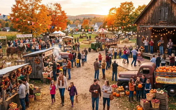 Harvest festival at golden hour: bustling country fair with pumpkins, barns, tractors, live music and crowds — 5K Ultra HD PC Desktop Wallpaper and Background.
