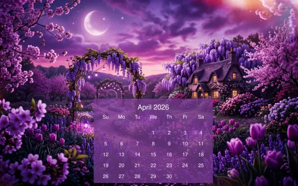 April 2026 calendar on a 5K Ultra HD PC desktop wallpaper and background: purple moonlit fantasy garden with archway, cottage, and blooming flowers.