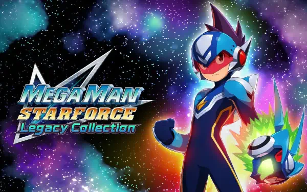 2K Quad HD PC desktop wallpaper featuring Mega Man from Mega Man Star Force: Legacy Collection against a colorful starfield, game logo and small robotic companion.