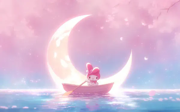 Aesthetic anime 2K Quad HD desktop wallpaper: Sanrio's My Melody (Onegai My Melody) sits in a small boat beneath a glowing crescent moon over pastel pink-blue waters.