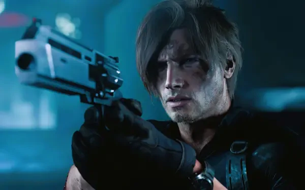 Leon S. Kennedy from Resident Evil Requiem aiming a handgun in a moody blue scene — 4K Ultra HD PC desktop wallpaper/background; tagged video game and chad.