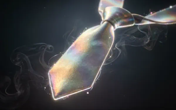 Iridescent holographic necktie with glowing edges and wisps of smoke on a dark field — 4K Ultra HD PC desktop wallpaper and background.