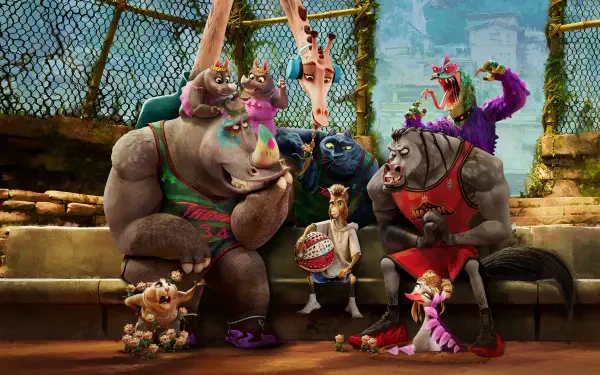 Goat (2026) 4K Ultra HD PC desktop wallpaper/background: lively anthropomorphic goats and companions in crowns and streetwear lounging on a bench before a gritty chain-link fence.