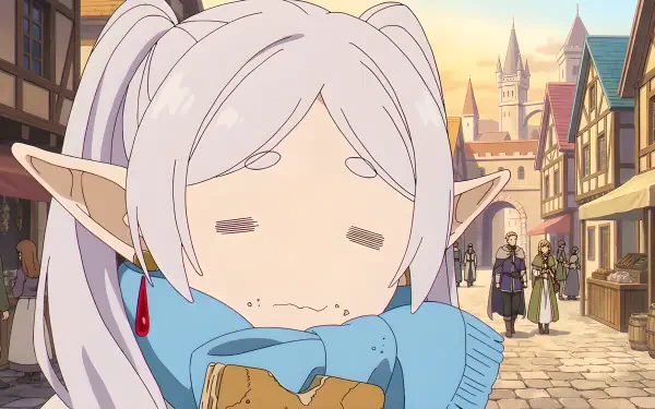 Frieren (Frieren: Beyond Journey's End) — anime elf girl with a goofy, tearful smile clutching bread and a blue scarf on a sunlit fantasy street; 4K Ultra HD PC desktop wallpaper.