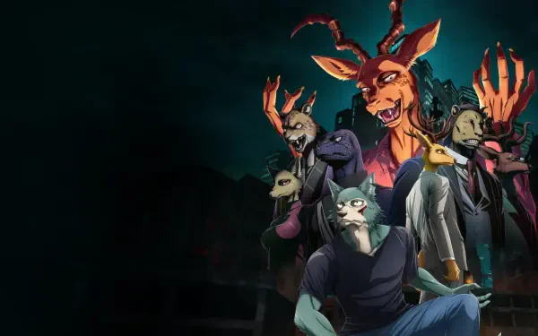 Beastars HD PC desktop wallpaper background showing a group of anthropomorphic characters in dramatic poses against a dark urban cityscape with moody lighting.