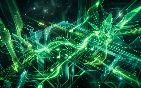 Abstract green neon circuitry and crystal shards over a starfield, rendered as a 5K Ultra HD PC desktop wallpaper and background.