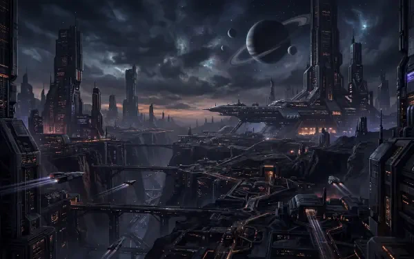 Dramatic futuristic cityscape at night with towering spires, skybridges and a planet looming overhead — 5K Ultra HD PC desktop wallpaper and background.