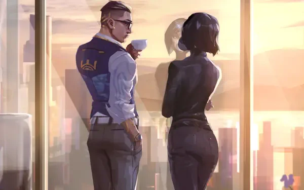 Valorant HD PC desktop wallpaper: Chamber and Viper stand by a high-rise window at sunset, Chamber sipping from a cup as they overlook a glowing city skyline.