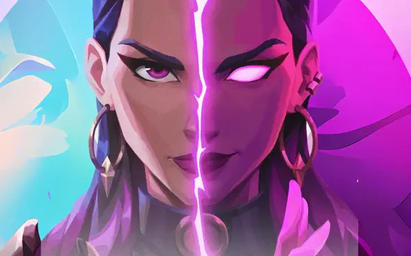 HD PC desktop wallpaper of Reyna (Valorant): split-face close-up with a glowing purple eye, neon pink and cyan background, fierce expression and gold hoop earrings.