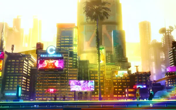 4K Ultra HD PC desktop anime wallpaper of Night City from Cyberpunk: Edgerunners — neon-lit skyline at dusk with David and Rebecca amid billboards and palm trees.