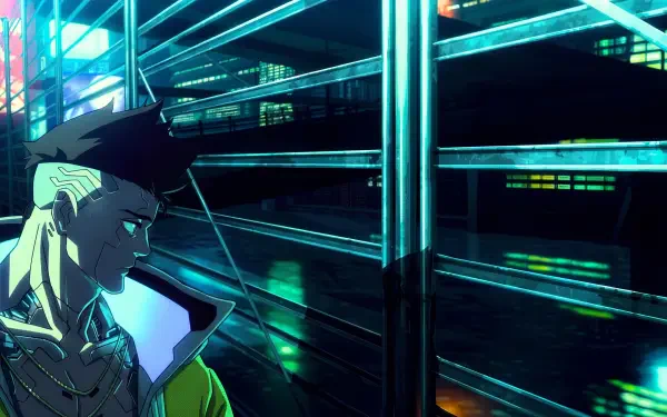 David (Cyberpunk: Edgerunners) in neon-lit anime 5K Ultra HD PC desktop wallpaper — a pensive, self-reflective pose against glowing rails and streaking city lights.