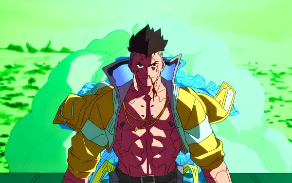 David from Cyberpunk: Edgerunners — buff anime antihero with cybernetic scars and open jacket, neon-green cyberpunk glow; 4K Ultra HD PC desktop wallpaper background.