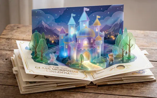 Glass morphism 5K Ultra HD PC desktop wallpaper and background: glowing pop-up storybook castle with translucent towers, luminous pathways, stylized trees and a starry night sky.