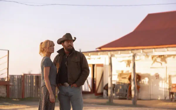 Two characters from TV show Dutton Ranch stand outside a ranch house at sunset — 5K Ultra HD desktop wallpaper.